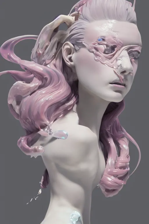 Prompt: an epic non - binary model, subject made of white cracked porcelain with cerulean oozing bubbles bursting out, delicate, beautiful, intricate, with pastel pink highlights, melting, houdini sidefx, by jeremy mann and ilya kuvshinov, jamie hewlett and ayami kojima, trending on artstation, bold 3 d