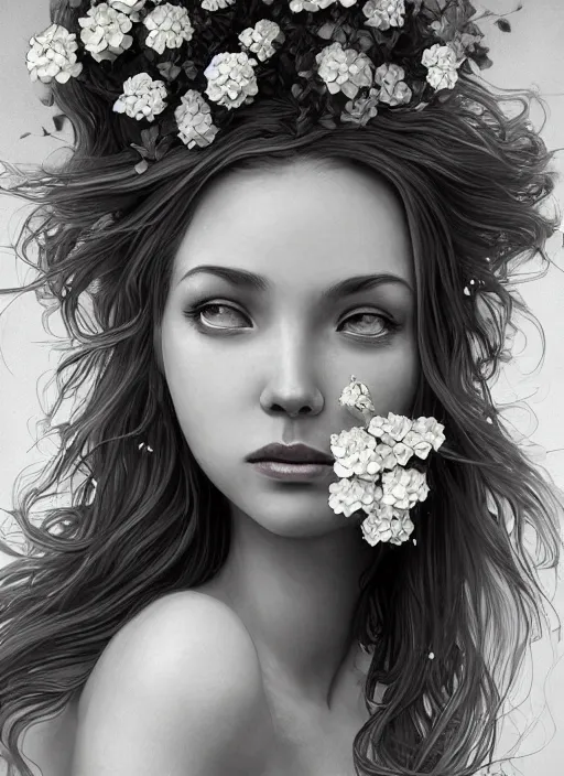 Image similar to realistic photographic perfect portrait of a anthropomorphic hydrangea blossom, fantasy, wind blowing hair, intricate, elegant, highly detailed, digital painting, artstation, concept art, smooth, super sharp focus, illustration, art by artgerm and h r giger and alphonse mucha