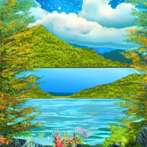 Image similar to highly detailed beautiful lake, with stars