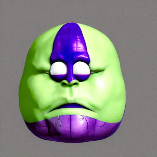 Image similar to thanos as an eggplant with eggplant features, realistic, hyperrealistic, ultra realistic, real, real world, highly detailed, very detailed, extremely detailed, intricate details, 8 k resolution, hd quality