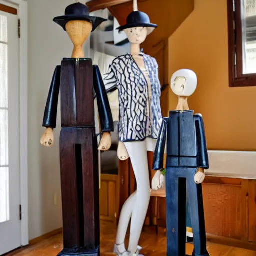 Prompt: a real estate home interior photo. a wooden mannequin family,