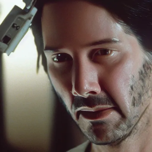 Image similar to beautiful hyperrealism three point perspective film still of Keanu Reeves having face hugger breakthrough surgery in medical bay in Aliens(1988) extreme closeup portrait in style of 1990s frontiers in translucent porclein miniature street photography seinen manga fashion edition, miniature porcelain model, focus on face, eye contact, tilt shift style scene background, soft lighting, Kodak Portra 400, cinematic style, telephoto by Emmanuel Lubezki