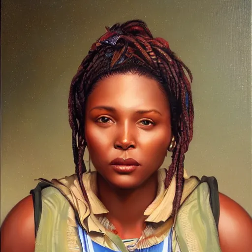 Image similar to portrait of an south african woman ( 3 5 ) from south africa in 2 0 2 1, an oil painting by ross tran and thomas kincade