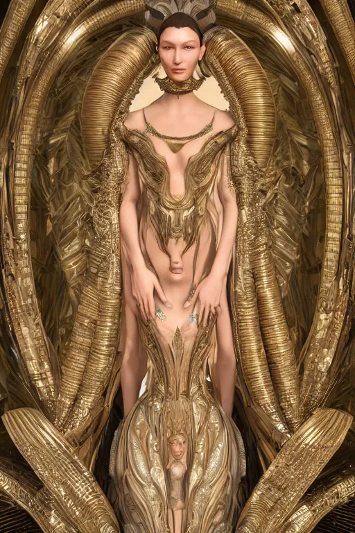 Image similar to a highly detailed medium shot 8 k render portrait of an alien goddess bella hadid in iris van herpen dress schiaparelli armor in diamonds and lots of jewelry in style of alphonse mucha trending on artstation made in unreal engine 4