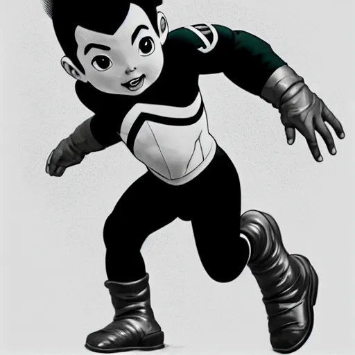 Prompt: wide angle portrait of Astroboy with a charming smile, monochrome color, heroic pose, mid-shot, shadowy area, studio lighting, award winning, artstation, concept art, digital painting, Unreal Engine 5, 8K, art by artgerm and greg rutkowski and alphonse mucha