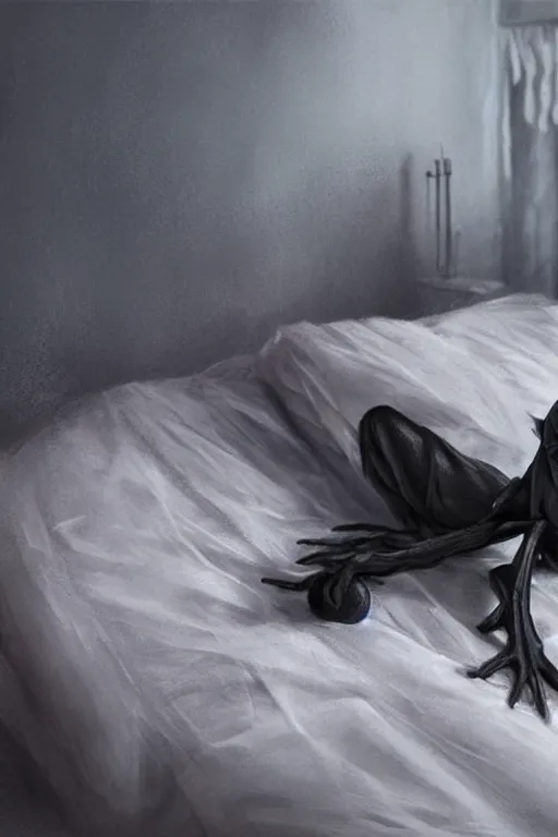 Prompt: photorealistic art of The grim reaper as a spider looming over a sleeping child\'s bed preparing to eat his soul, cinematic lighting, horror art, 8k, intricate detailing