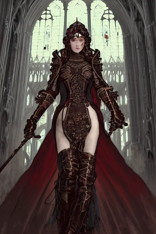 Image similar to beautiful luxury and gothic and victorian and holy medieval female reddish and white color armor knight portrait+smoky eyes+light flowing hair, in ruin gothic cathedral, ultradetail face, art and illustration by tian zi and craig mullins and WLOP and alphonse mucha, fantasy, intricate complexity, human structure, fantasy world concept, watermark, blurry, hyperrealism 8k