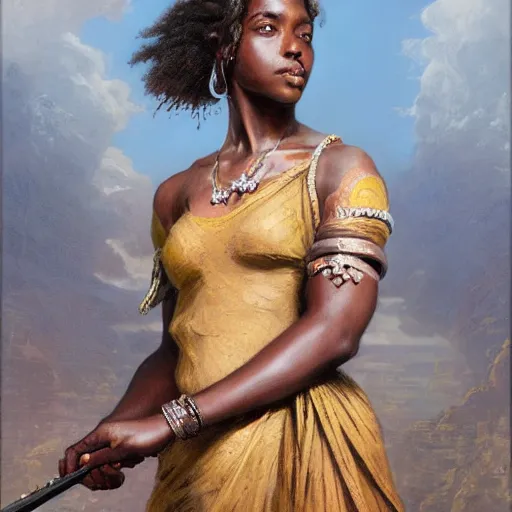 Image similar to artstation concept of a beautiful girl holding a sword in both hands, brown skin, sweaty skin, symmetrical face, casual white garment, brown canyon background, shiny colorful, hyperdetailed, artstation trending, world renowned artists, worth1000.com, historic artworks society, antique renewel, cgsociety, by greg rutkowski, by Gustave Dore, Deviantart