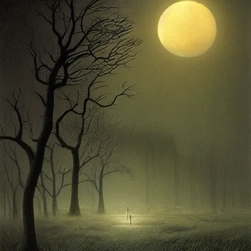 Image similar to A haunting dark castle stands over a misty orchard, a crescent moon dimly shines; lighting a small path that winds through the trees. A matte painting in the style of Wayne Barlowe, by Zdzisław Beksiński.