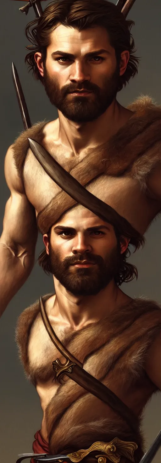 Image similar to renaissance upper body portrait of a gruff ranger with a spear, lean and toned, handsome face, hairy chest, D&D, intricate, elegant, highly detailed, digital painting, artstation, concept art, matte, sharp focus, illustration, art by da Vinci, Artgerm and Greg Rutkowski and Alphonse Mucha