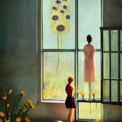 Image similar to giant daisy flower head, woman standing next to modern window in luxury loft, surreal photography, sunlight, impressionist painting, digital painting, artstation, simon stalenhag