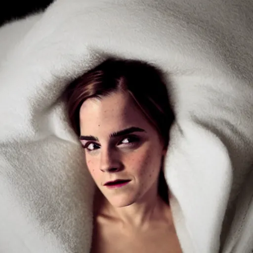 Image similar to emma watson waiting for you in bed at night while smiling shyly, messy hair bedhead, very sleepy and shy, bare shoulders, comforting, covered in big fluffy white blanket, dim cool lighting