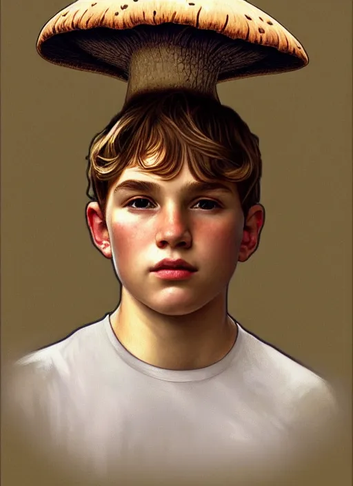 Image similar to oil portrait of a boy with a big mushroom cap on his head, intricate, elegant, highly detailed, lighting, painting, artstation, smooth, illustration, art by greg rutowski and alphonse mucha