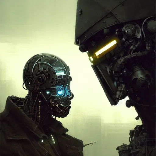 Image similar to a rugged social engineer man with cybernetic enhancements, detailed mask, scifi character portrait by greg rutkowski, esuthio, craig mullins, 1 / 4 headshot, cinematic lighting, dystopian scifi gear, gloomy, profile picture, mechanical, half robot, implants, steampunk, warm colors