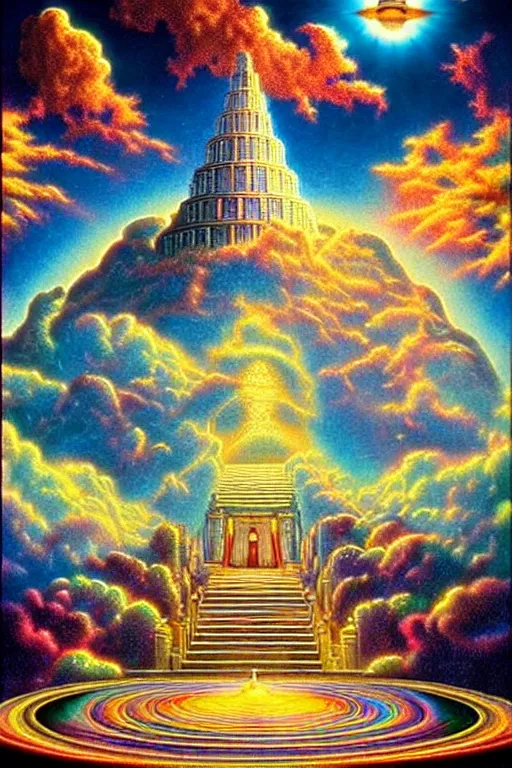 Prompt: a vintage photorealistic detailed cinematic image of a beautiful vibrant iridescent future for human evolution, spiritual science, divinity, utopian, beautiful being, enlightenment, cumulus clouds, ornate spiral stairs, isometric, by pinterest, david a. hardy, kinkade, lisa frank, wpa, public works mural, socialist