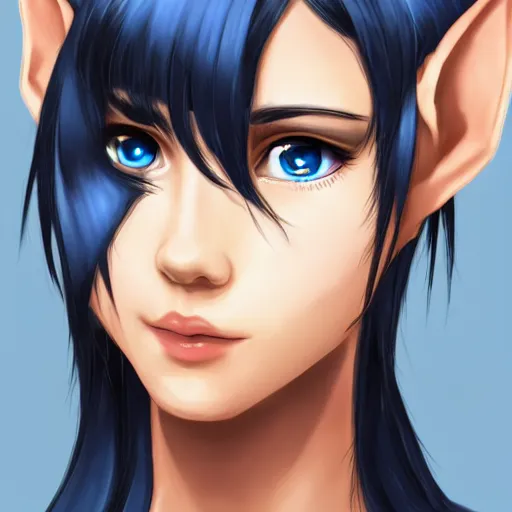 Prompt: young half - elf girl, black shoulder - length hair, blue eyes, cyborg