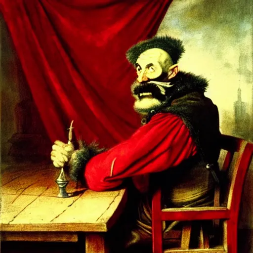 Prompt: a plotting man in a red jester suit sitting in a wooden chair near a table covered with cloth. the room is dimly lit. style of Jan Matejko, ominous, realistic, highly detailed