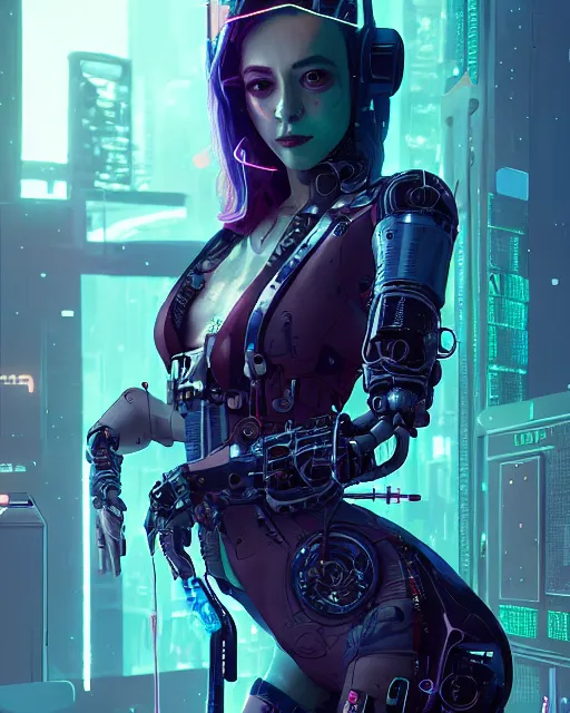 Image similar to portrait of agatha vega as a cyberpunk cyborg. sci - fi, missing panels, intricate abstract upper body intricate artwork, by tooth wu, wlop, beeple, dan mumford. concept art, octane render, deviantart, greg rutkowski, cinematic, key art, hyperrealism, iridescent accents