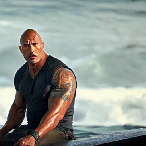 Image similar to close up cinematic still of Dwayne Johnson in JAWS