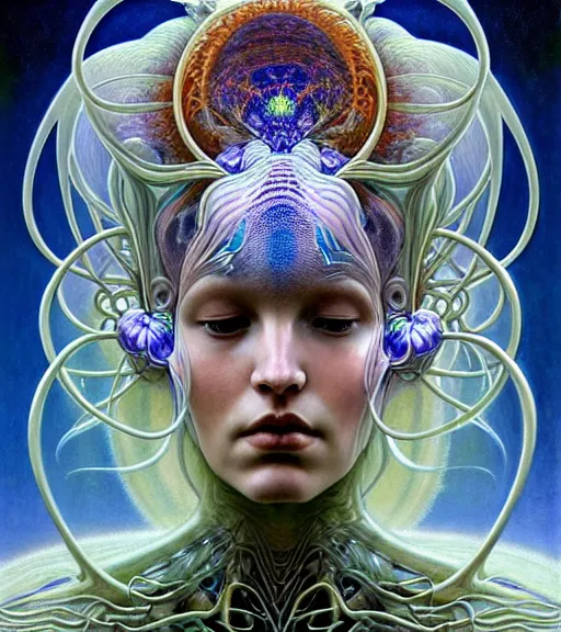 Prompt: detailed realistic beautiful young biopunk queen of plasma galaxy in full regal attire. face portrait. art nouveau, symbolist, visionary, baroque, giant fractal details. horizontal symmetry by zdzisław beksinski, iris van herpen, raymond swanland and alphonse mucha. highly detailed, hyper - real, beautiful
