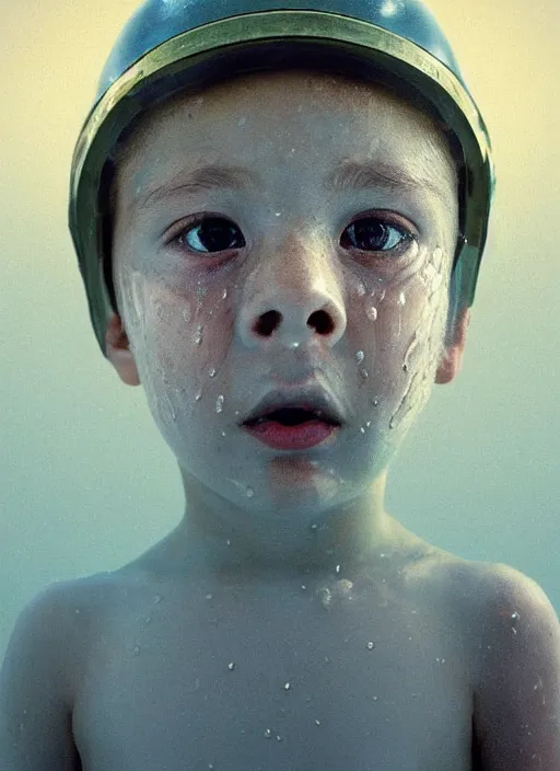 Image similar to beautiful extreme closeup portrait of a young girl fully submerged ecxept of the top of his head, horrified look in his eyes, water reflection, in style of frontiers in helmet motoracing dirt Helmets of Emperor Charles V, highly detailed, soft lighting, elegant,sigma 85mm, Edward Hopper and James Gilleard, Zdzislaw Beksinski, Steven Outram, highly detailed