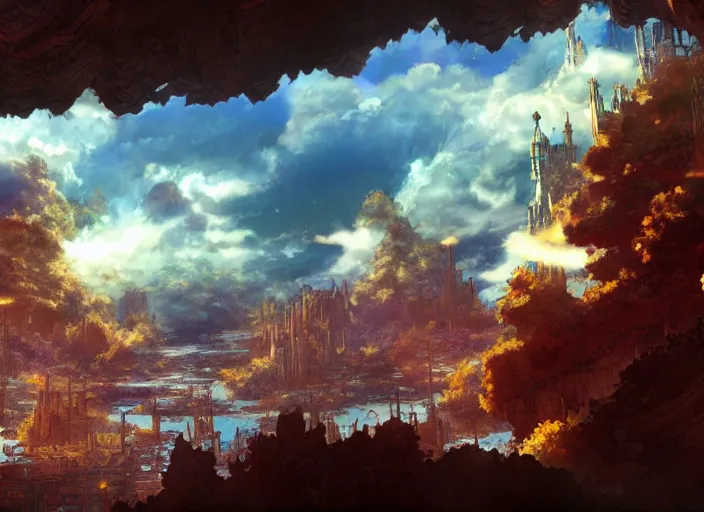 Image similar to Establishing shot of a fantasy floating sky continent. hidari, color page, tankoban, 4K, tone mapping, Akihiko Yoshida.