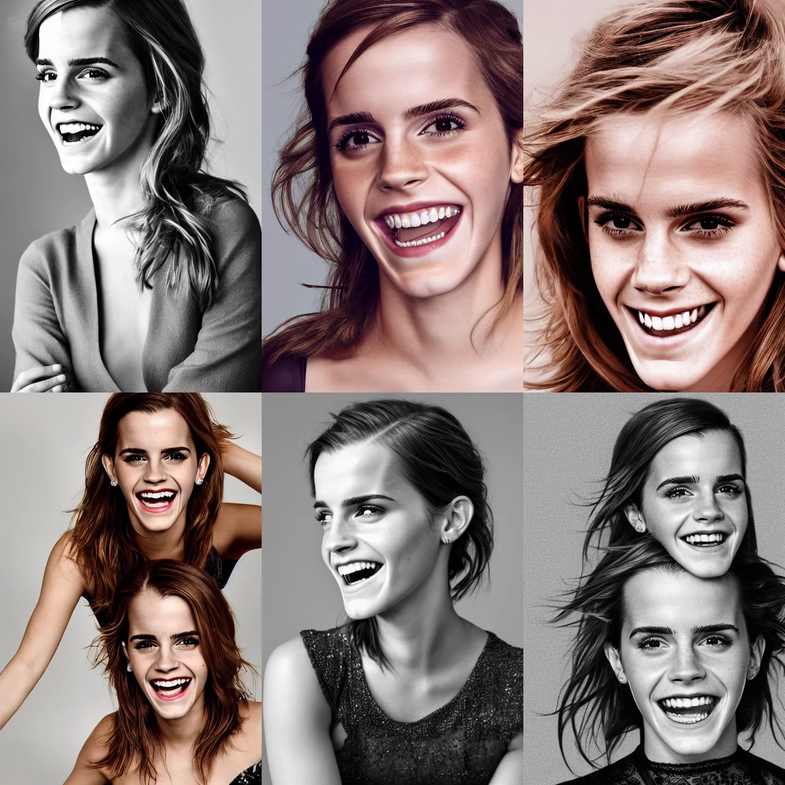 Prompt: digital portrait of Emma Watson laughing looking straight to the camera, beautiful set of teeth