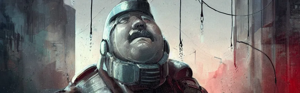 Prompt: portrait of a fat man sci fi soldier ranger, brutalist city architecture, dark epic, cables and wires, high details, ceremonial clouds, dripping paint, fibonacci rhythm, artstation, art germ, wlop, pablo dominguez, sabbas apterus, award - winning, artstation