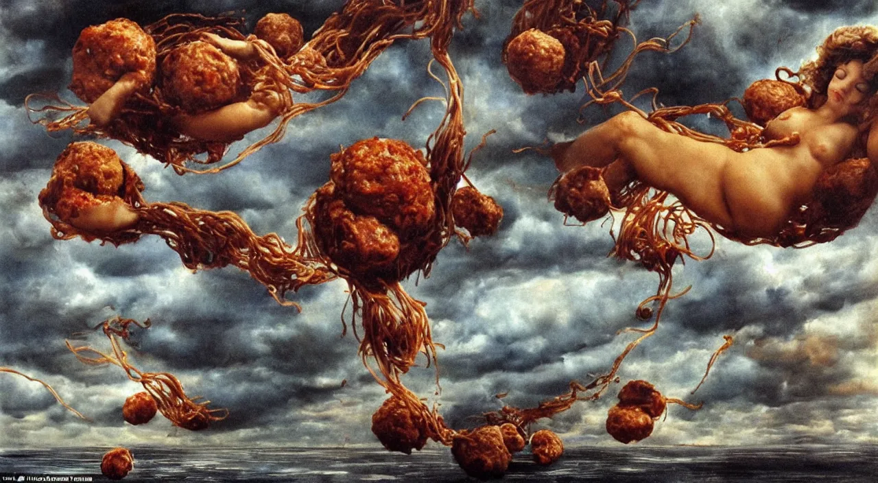 Image similar to 3 0 perfect woman bodies flying inside spaghetti bolognesa with meatballs and hundred rusted perfect woman bodies flying in stormy clouds by dali, hyper - realism