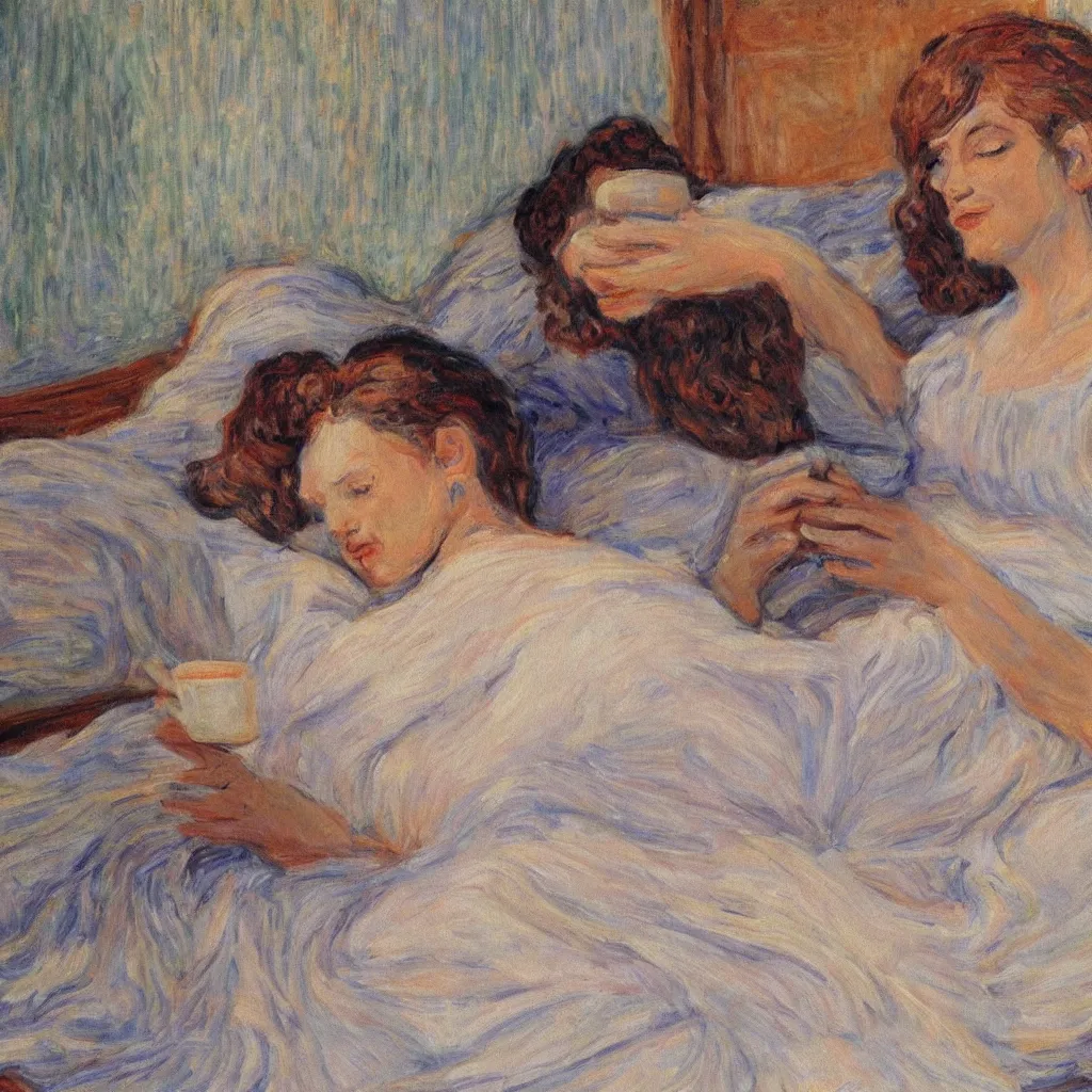 Image similar to a beautiful painting of a beautiful woman drinking coffee in a bed with white sheets drinking coffee in the style of Monet