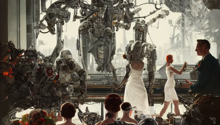 Image similar to A Norman Rockwell painting of cyborg wedding 2050s, amazing composition, cinematic lighting, high resolution, octane rendered, unreal engine, illustration, trending on artstation, masterpiece, 8k