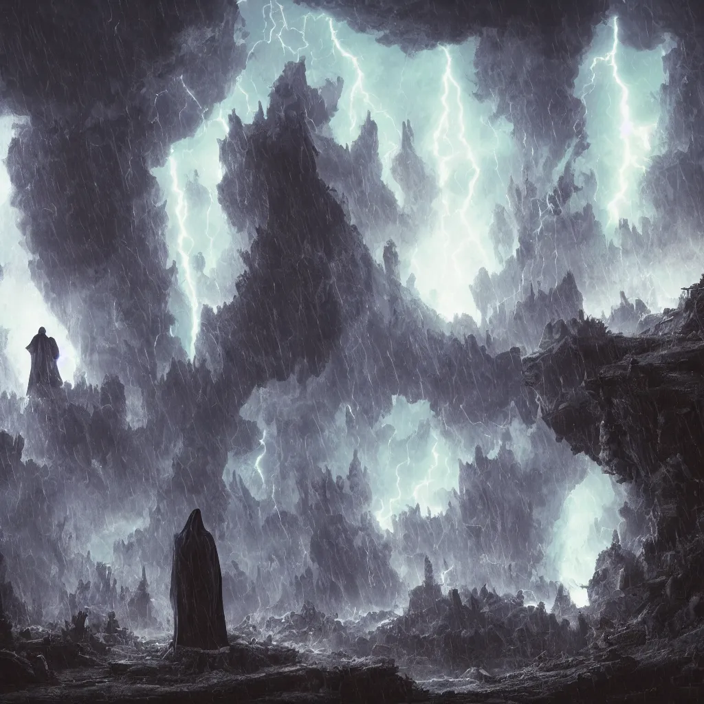 Image similar to a still of a cloaked figure standing in the ruins of crux prime, monastery, there is lightning, blue fiery maelstrom in the distance, it is raining, digital art, artstationhq