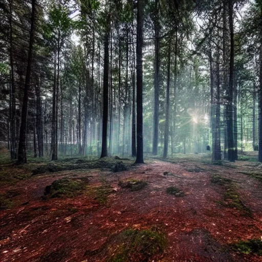 Image similar to bright nordic forest, sparkling spirits, detailed wide shot, hologram, ground detailed, wet eyes reflecting into eyes reflecting into infinity, beautiful lighting