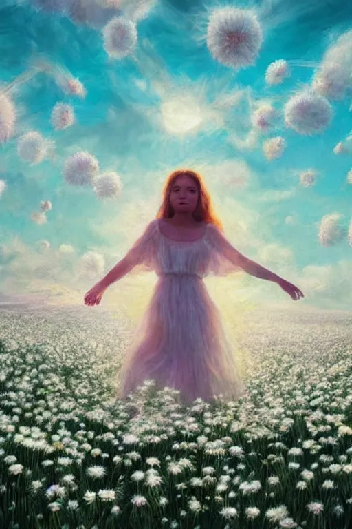 Prompt: veil made of giant white daisy flower, girl dancing in a flower field, surreal photography, sunrise, dramatic light, impressionist painting, colorful clouds, digital painting, artstation, simon stalenhag