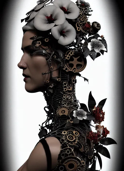 Image similar to monochrome 3 d model, steampunk biomechanical beautiful young female cyborg with porcelain profile face and a big floral eye, volumetric light, leaves foliage and stems, hibiscus flowers, boho floral vines, sinuous fine roots, fine foliage lace, alexander mcqueen, rim light, big gothic fashion pearl embroidered collar, octane render, 8 k