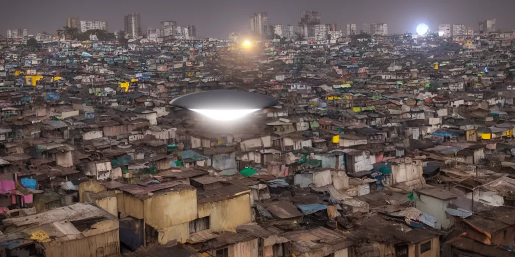 Prompt: UFO seen over Ajegunle slums of lagos, night time,