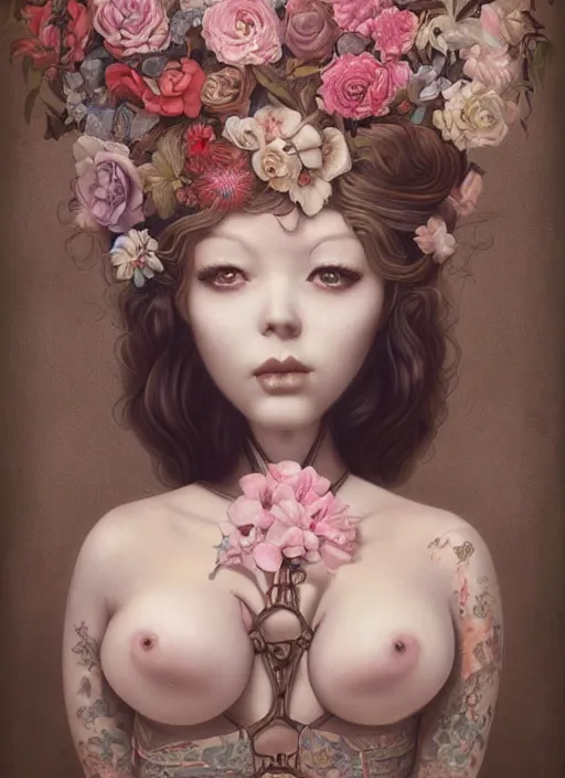 Image similar to pop surrealism, lowbrow art, realistic seductive cute woman painting, body harness, japanese shibari with flowers, hyper realism, muted colours, rococo, natalie shau, loreta lux, tom bagshaw, mark ryden, trevor brown style,