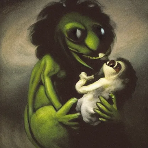 Image similar to “Kermit the Frog Devouring His Son” by Francisco Goya, in the style of “Saturn Devouring His Song”, fresco, horror