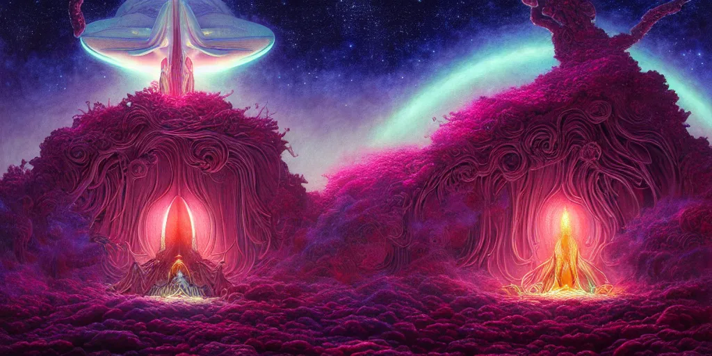 Image similar to of a beautiful digital photorealistic painting of a large alien shrine life and death surrounded by mystic nebula magical rosses by moebius and android jones, oil on canvas sharp, details, hyper - detailed, hd, hdr, 4 k, 8 k