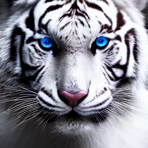 Image similar to realistic close up photo of a white tiger | blue eyes | colorful blue eyes | cinematic photo | cinematic shot | epic | 8k resolution | realistic | hyperrealistic