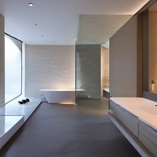 Prompt: a futuristic bathroom with a sand floor