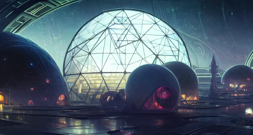 Image similar to cinematic shot, futuristic city on the moon inside a giant geodesic dome, utopian, night, stars, digital painting, artstation, concept art, smooth, sharp focus, illustration, intricate, elegant, highly detailed, in the style of greg rutkowski and alphonse mucha and artemisia, 8 k, highly detailed, jurgens, rutkowski