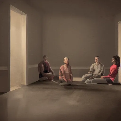 Prompt: a digital painting of people sitting in a room looking at the camera in a dark, abandoned room. dramatic lighting coming from the open door behind the camera, faces are visible.