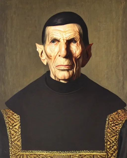 Prompt: a realist portrait of a leonard nimoy as a medieval count by andrey shishkin, oil on canvas