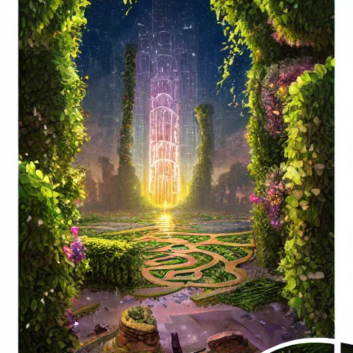 Image similar to beautiful highly detailed digital illustration of a celestial palatial garden with pillars of light towering above. by Andreas Rocha, colorful nebula in the night sky, stars, flowers and vines and creepers, establishing shot, cinematic, architecture, artstation HQ, HD, 8k resolution, featured in art magazine