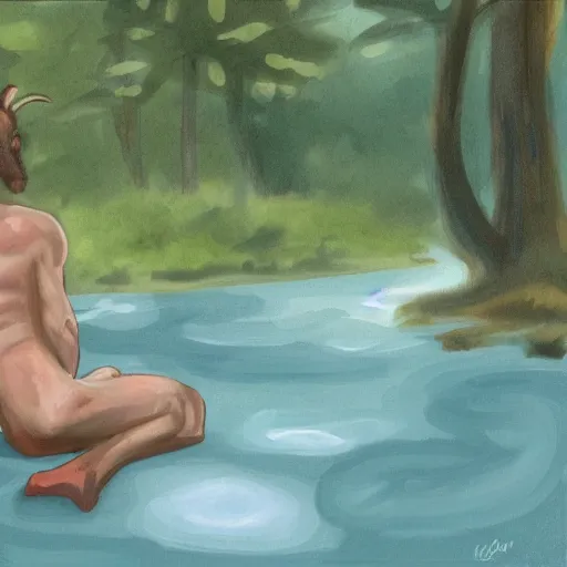 Prompt: a satyr lounging next to a river with one finger in the water, in the forest, digital painting, rough brushstrokes