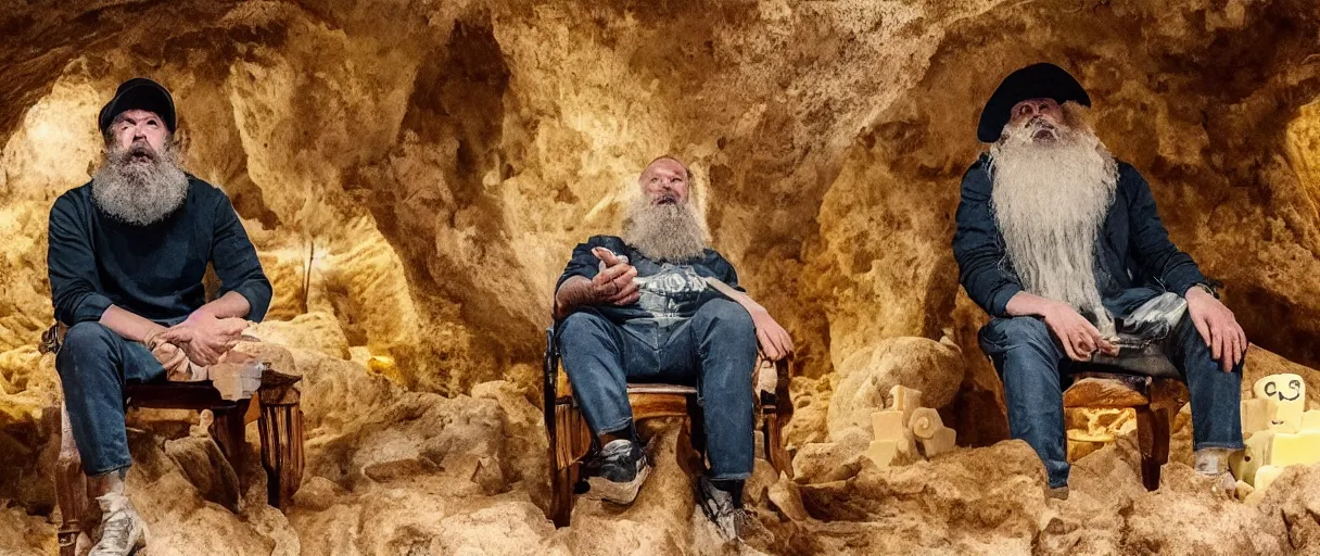 Prompt: Still from BIG MONKEY MOUNTAIN (2022) depicting the bearded Macaroni and Cheese King sitting on his throne in the massive atmospheric cave