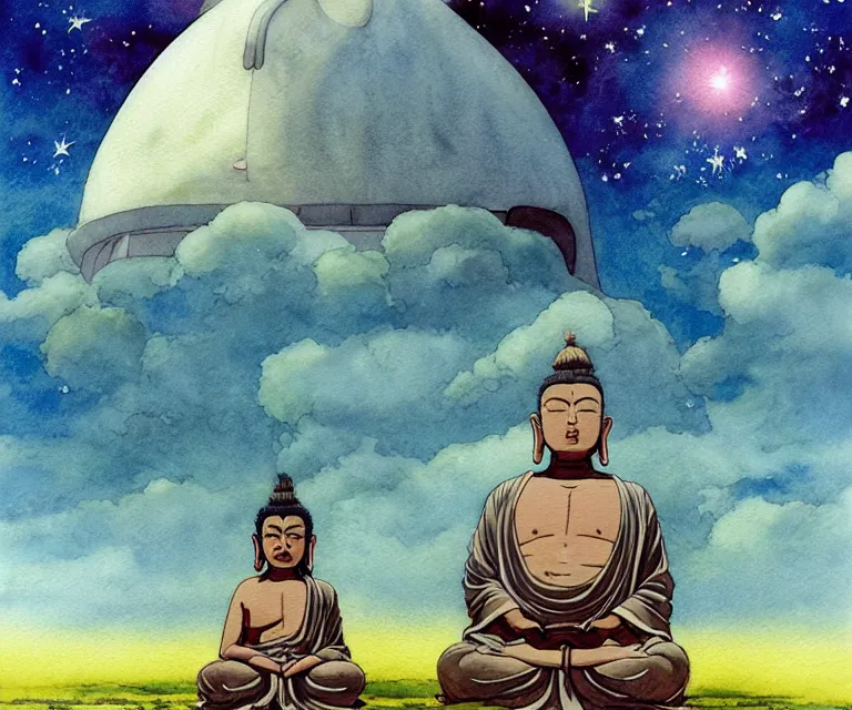 Image similar to a hyperrealist studio ghibli watercolor fantasy concept art of a giant long haired buddha in lotus position in stonehenge with a starry sky in the background. a giant ufo from independence day ( 1 9 9 6 ) is floating in the air. by rebecca guay, michael kaluta, charles vess
