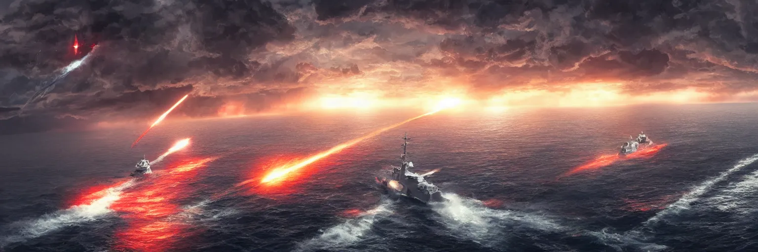 Image similar to aircraft destroyer firing intercontinental rocket In aa ocean storm, dramatic lighting, cinematic, establishing shot, extremly high detail, foto realistic, cinematic lighting, post processed, concept art, artstation, matte painting, style by eddie mendoza, raphael lacoste, alex ross