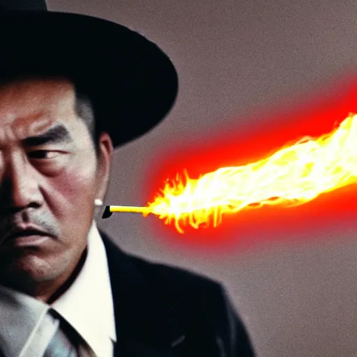 Image similar to A mafia man with a tobacco in his left hand, behind him is a Chinese dragon emanating a red aura of danger.